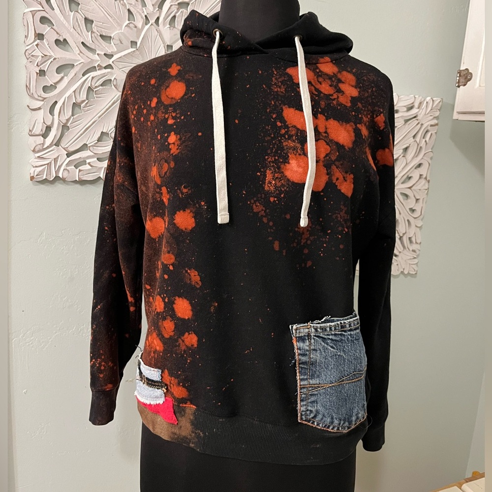 Black sweatshirt with Scrappy Fab details and bleached design.  Size S